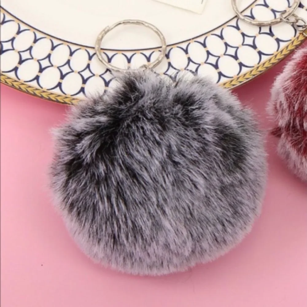 Fuzzy Gray Pom-Pom Keychain-Large